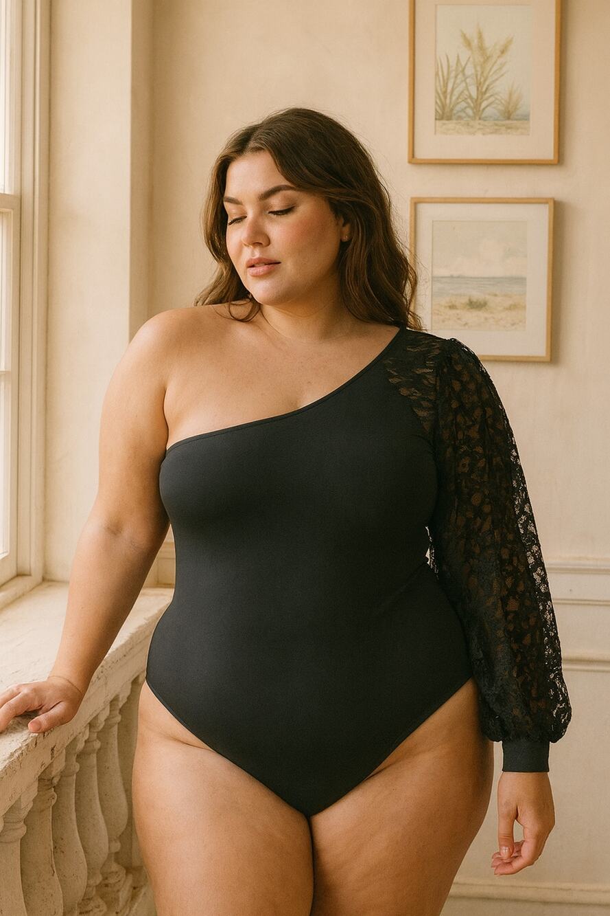 Elegant Black One-Shoulder Lace Sleeve Black Thong Bodysuit Medium Going Out Top